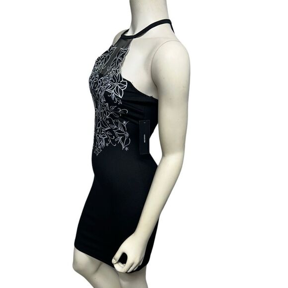NWT Lulu’s Black Mini Bodycon Dress Halter Sleeveless Sheer Floral Embroidered - Picture 4 of 9